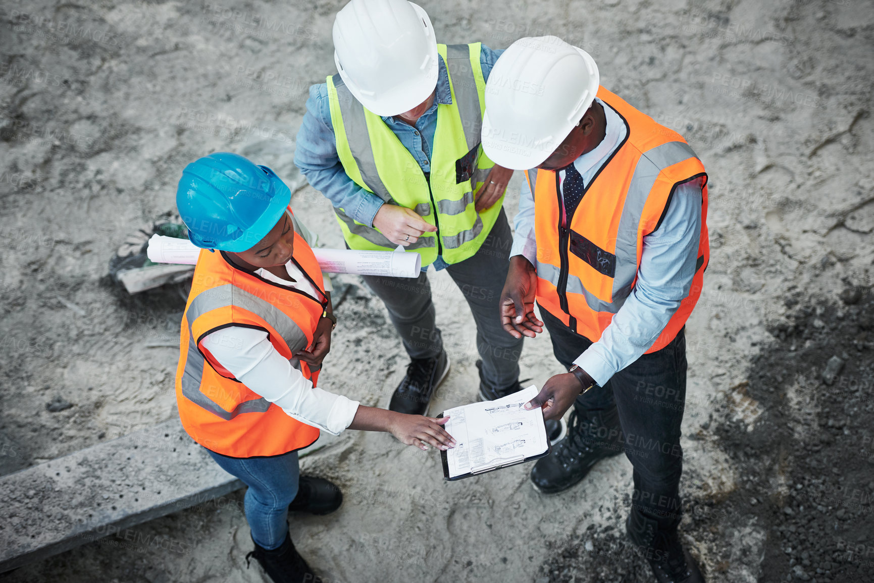 Buy stock photo Construction, planning and people with documents meeting for inspection, building and maintenance. Engineering, architecture and workers with paperwork for project, infrastructure and collaboration