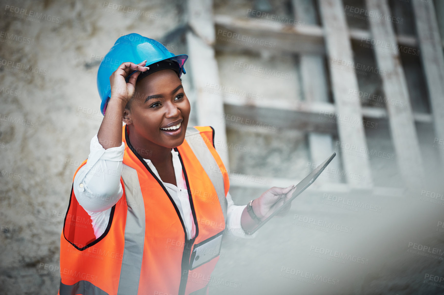 Buy stock photo Tablet, construction site and woman with architecture project and engineering for scaffolding and handyman inspection. Industrial, helmet and black female employee with contractor and protection gear