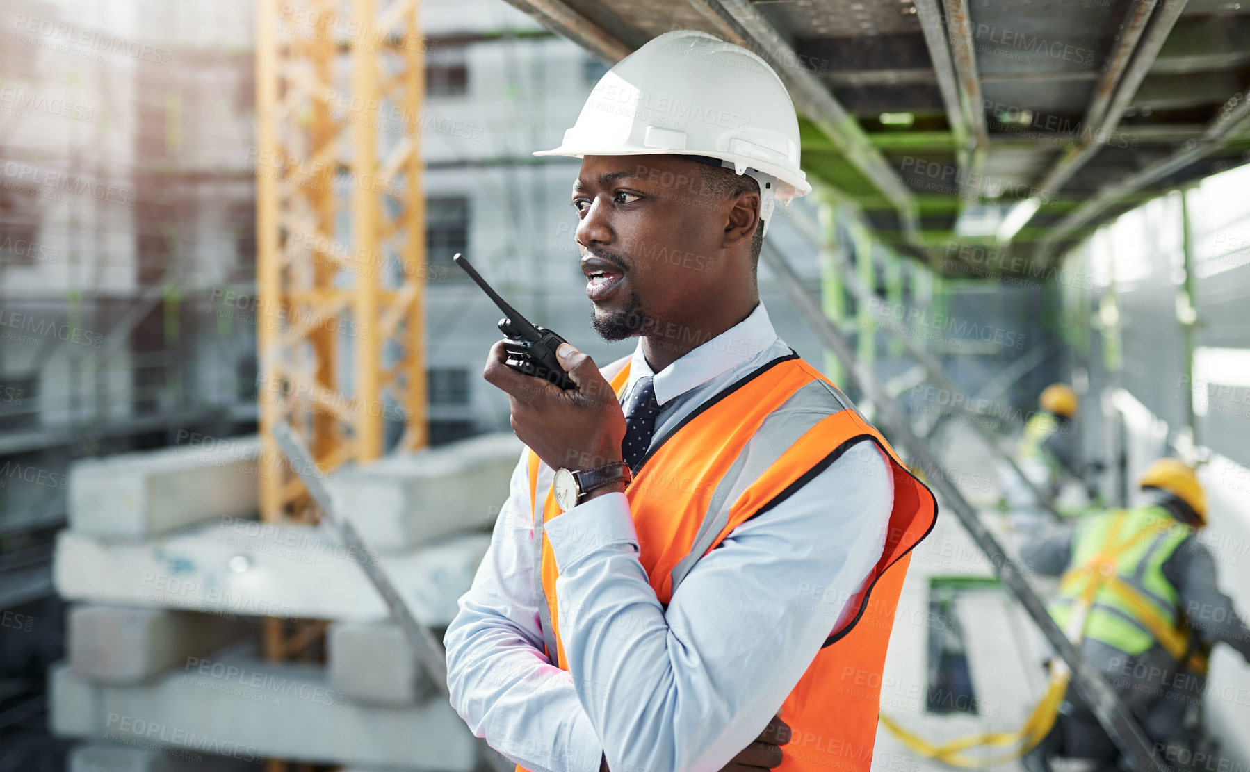 Buy stock photo Black man, radio and construction for engineering, planning and site assessment with floor plan. Architect, talking and contractor outdoor for project management, building development and renovation