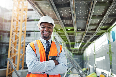 Buy stock photo Happy, portrait and black man with professional at construction site for architecture or civil engineering. Young African, male person or contractor with smile or arms crossed for industrial career