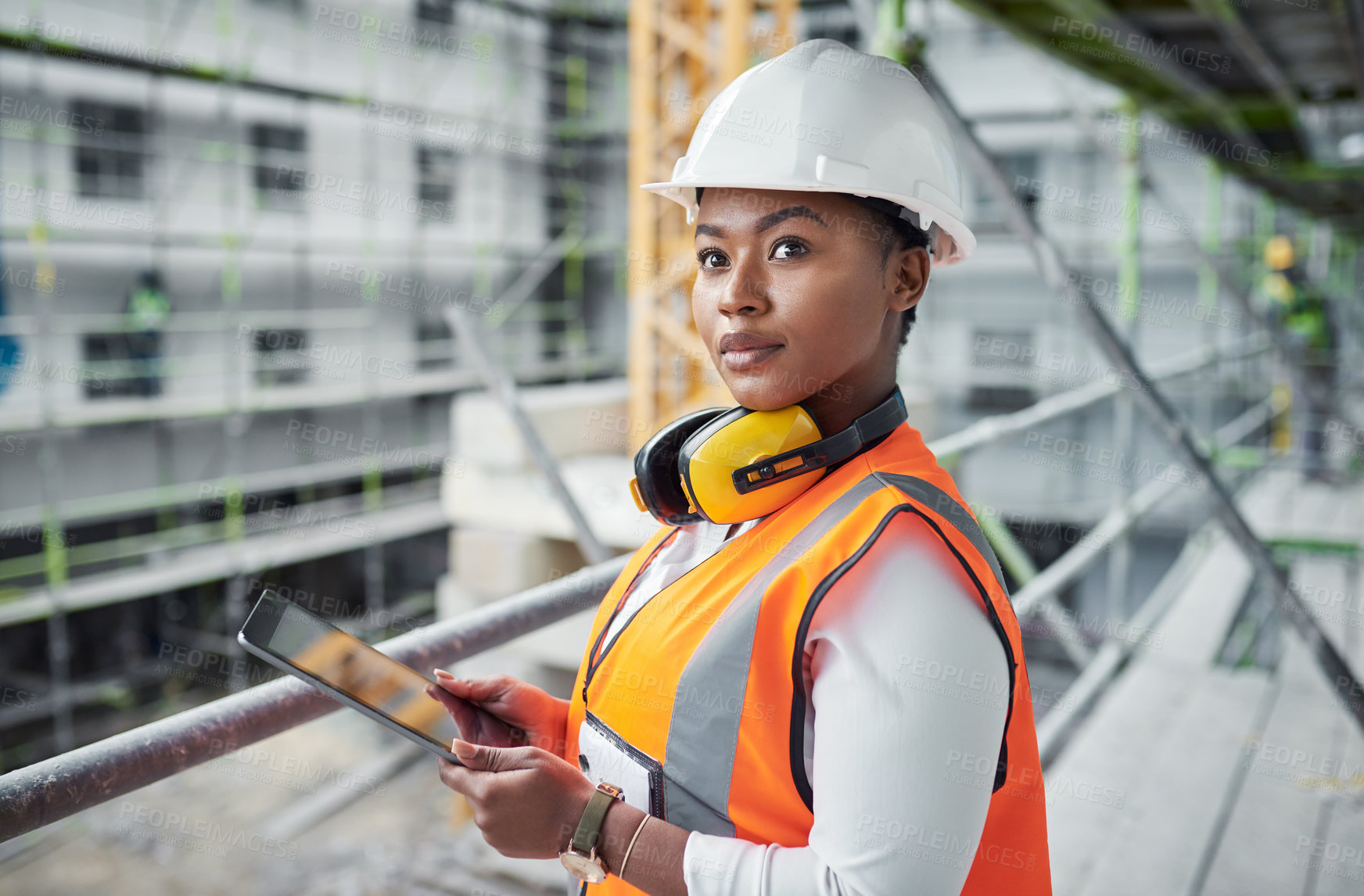 Buy stock photo Black woman, tablet and construction for engineering, vision and site assessment with floor plan. Architect, tech and contractor thinking for project management, building development and renovation