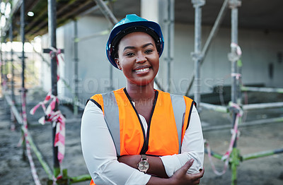Buy stock photo Portrait of a confident young woman working at a construction site