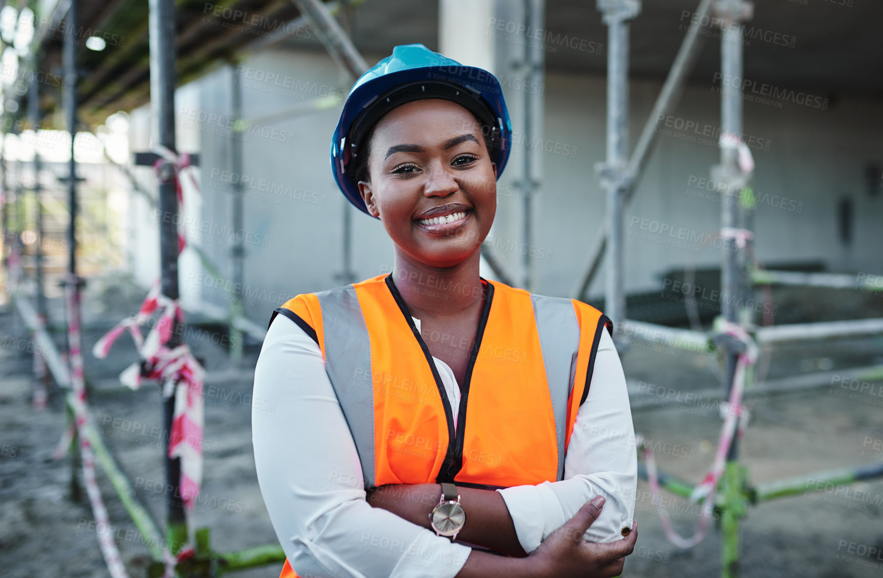 Buy stock photo Construction site, architecture and black woman in portrait with arms crossed, maintenance or inspection. Engineering, business person or happy manager with helmet for safety, development or building