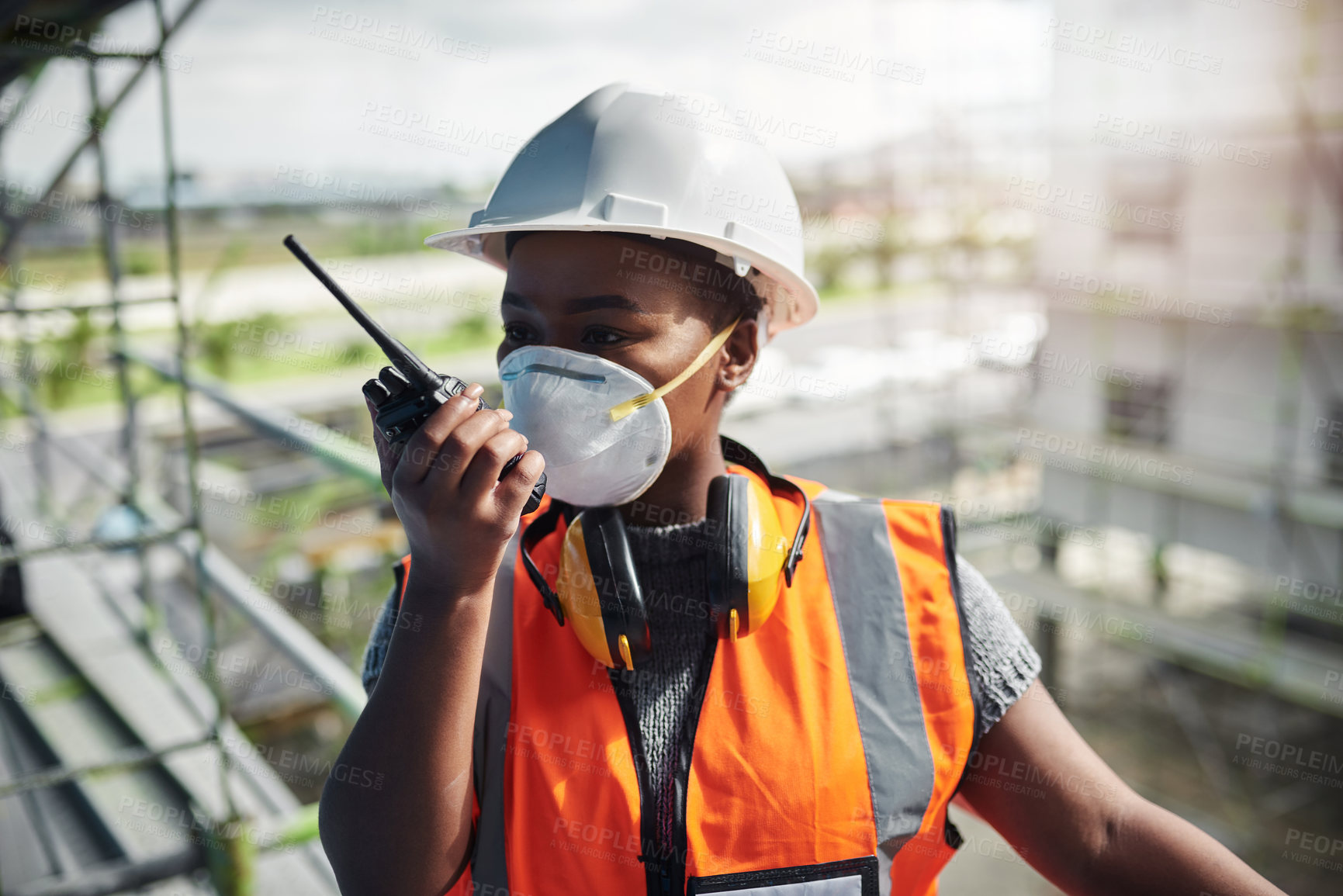 Buy stock photo Black woman, radio and construction for architecture, communication and site assessment with helmet. Architect, tech and contractor outdoor for project management, building development and renovation