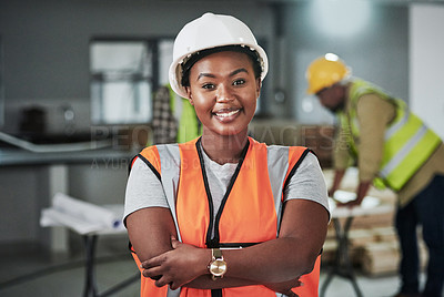 Buy stock photo Woman, smile and portrait in construction as engineer, supervisor and project manager on property. Female person, pride and safety vest for infrastructure, industry or development with arms crossed