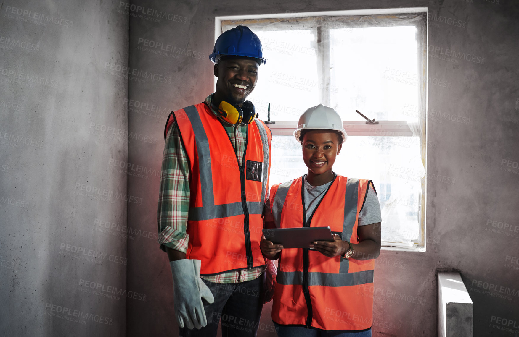 Buy stock photo Construction site, portrait or happy people in building on tablet in engineering meeting for project. Architecture, technology or African contractors talking for property, teamwork or development 