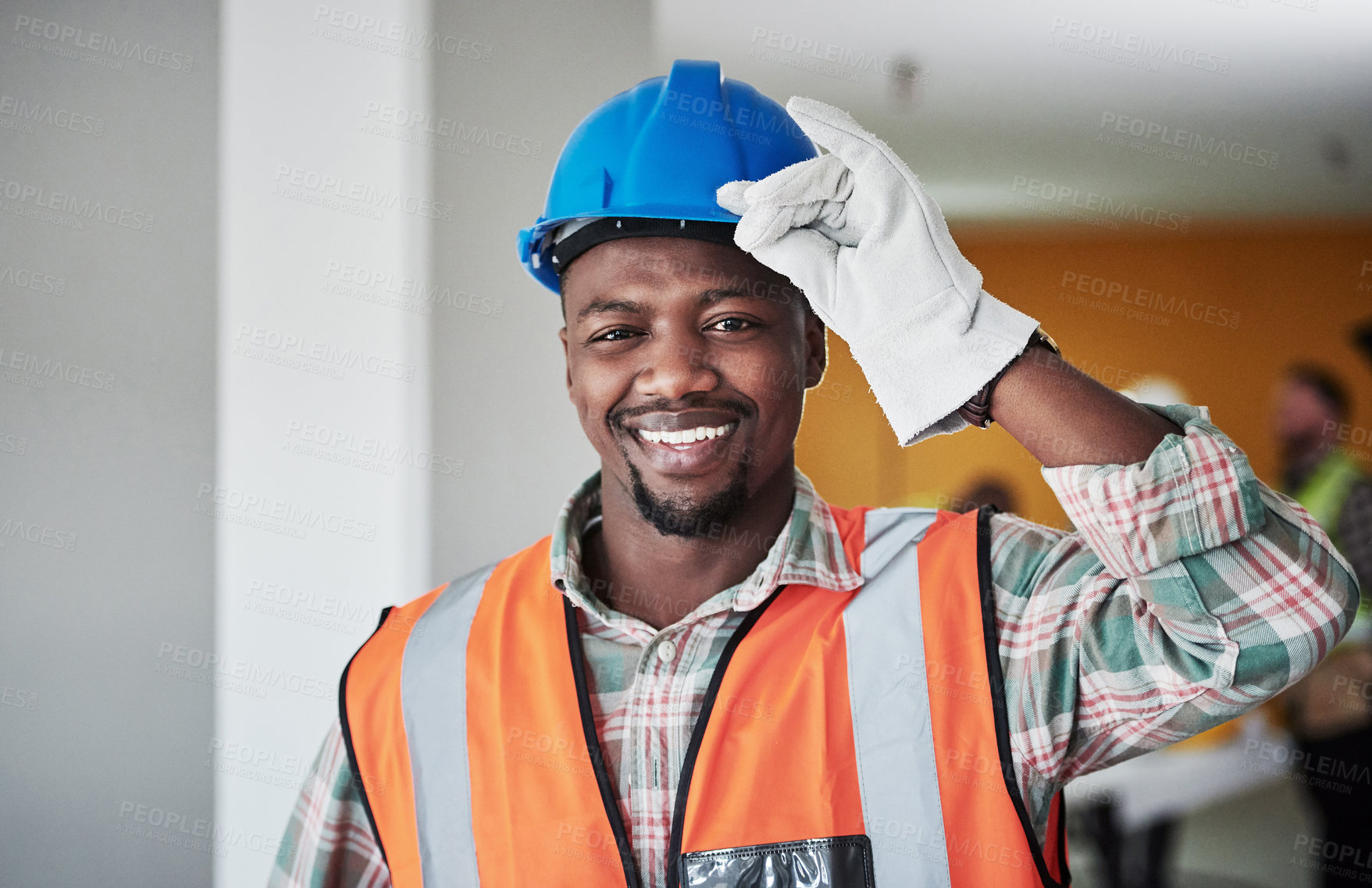 Buy stock photo Man, smile and portrait in construction site as engineer, supervisor or project manager on property. Male person, confident and safety vest for infrastructure, industry or development in architecture