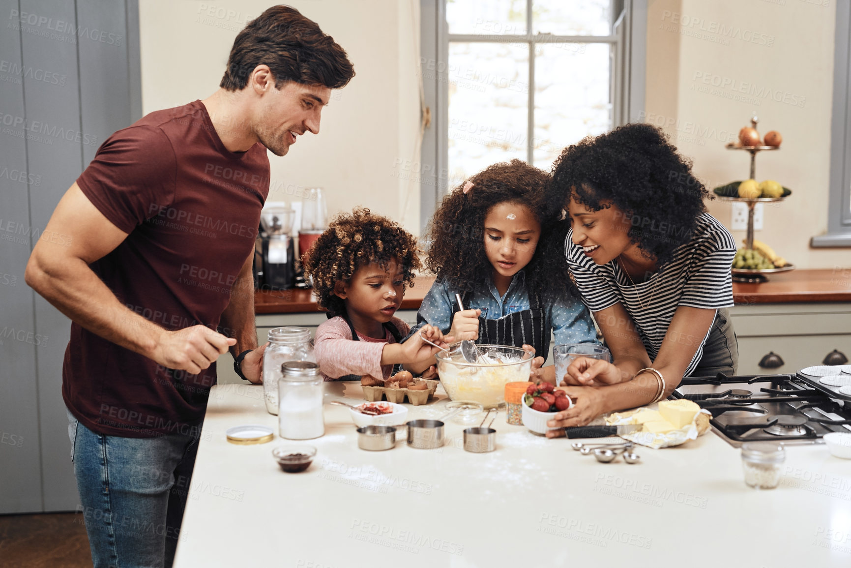 Buy stock photo Home, family and baking with recipe, help and care with hobby, learning and time together. Apartment, parents and mother with father in kitchen, routine or ingredients with utensils, love or teaching