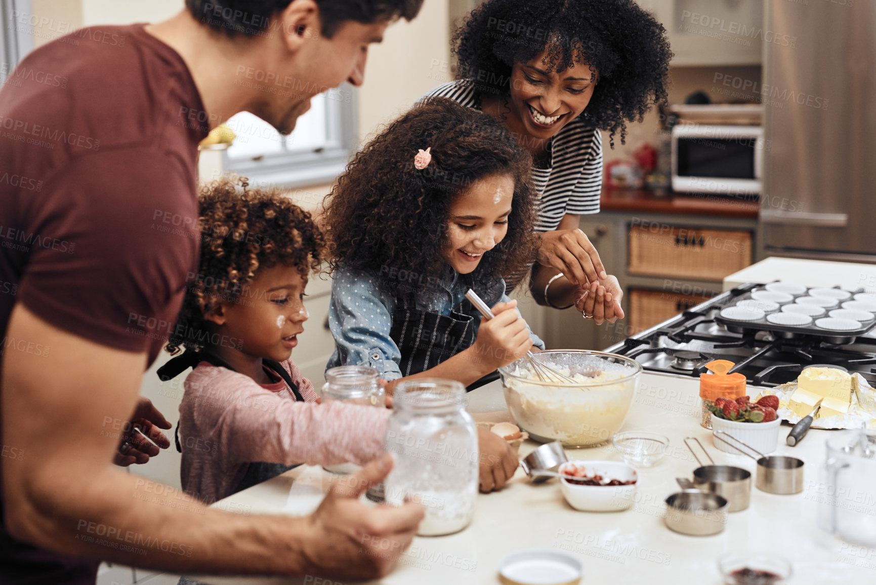 Buy stock photo Home, family and baking with recipe, kids and care with hobby, teaching or time together. Apartment, parents and mother with father in kitchen, children or ingredients with utensils, help or learning