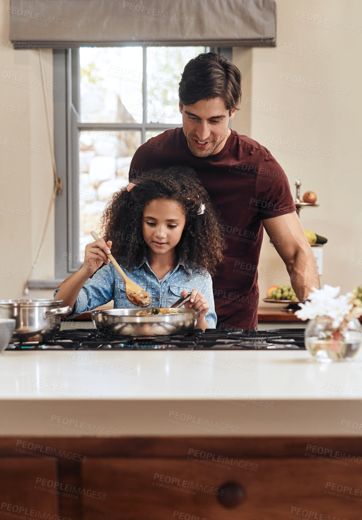 Buy stock photo Father, child and teaching with cooking, skills and nutrition as parents in home for education. Male person, kid and learning for youth development, growth and kitchen counter as family in bonding