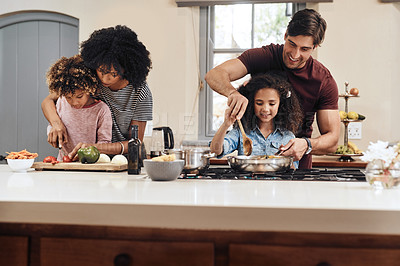 Buy stock photo Parents, children and teaching for cooking, skills and nutrition in home or siblings for education. Young people, mom and dad for help, development and growth with kitchen counter, family and bonding