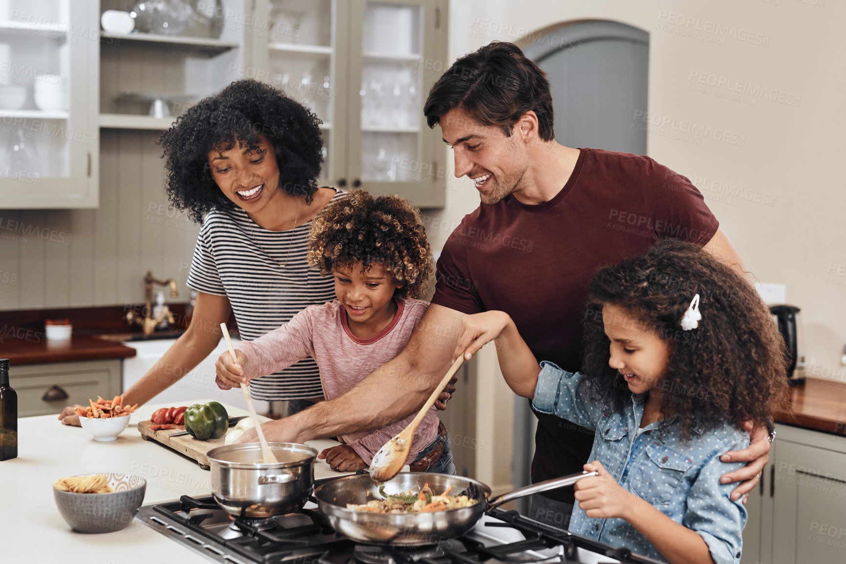 Buy stock photo Happy family, children and learning with cooking, skills and nutrition as kids in home for education. Young people, parents and teaching for development, growth or bonding together at kitchen counter