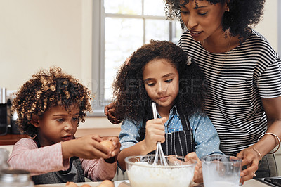 Buy stock photo Mother, children and learning with cooking, skills and nutrition as kids or siblings for education. Young people, baking and woman with development, home and kitchen counter as family in bonding