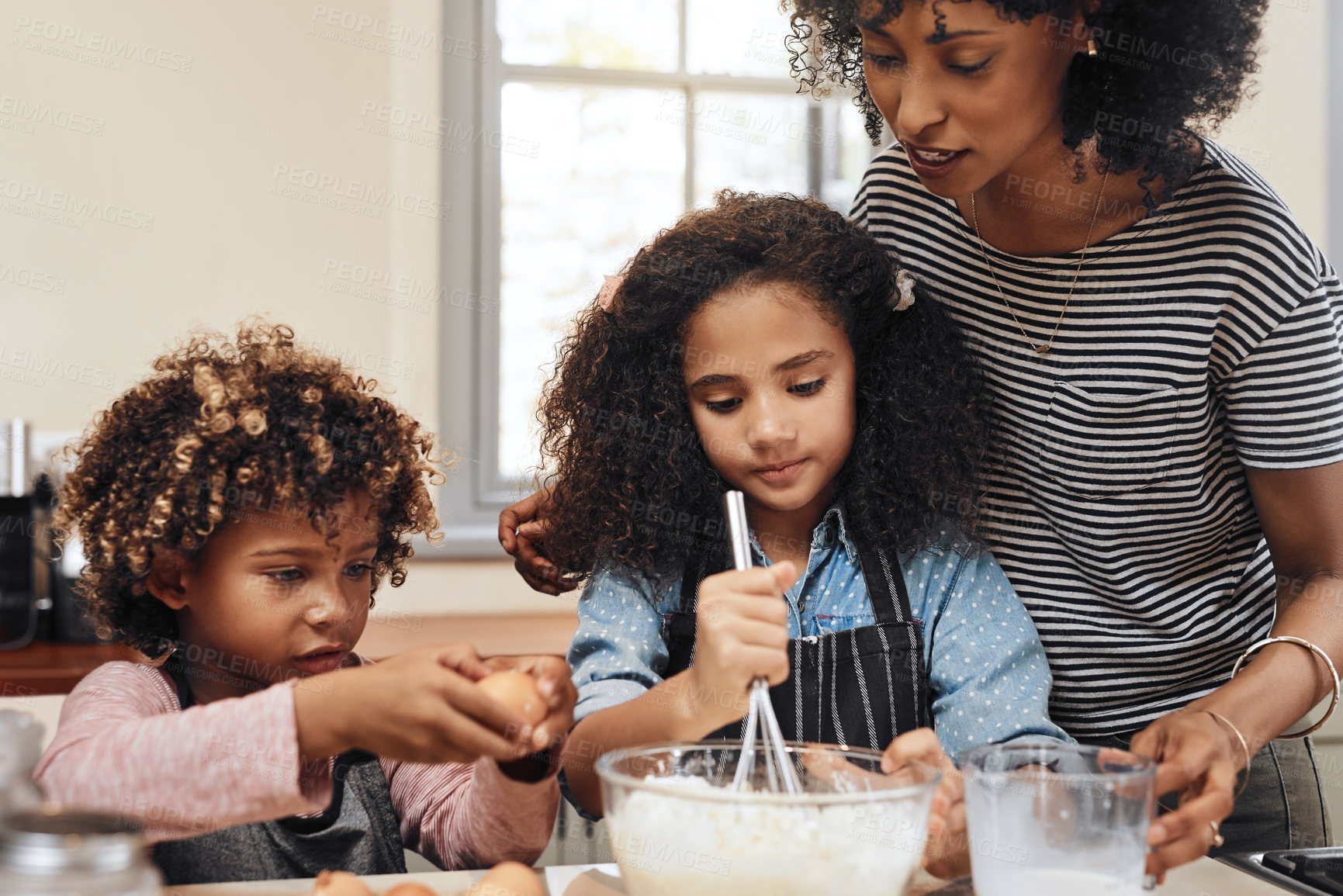 Buy stock photo Mother, children and learning with cooking, skills and nutrition as kids or siblings for education. Young people, baking and woman with development, home and kitchen counter as family in bonding