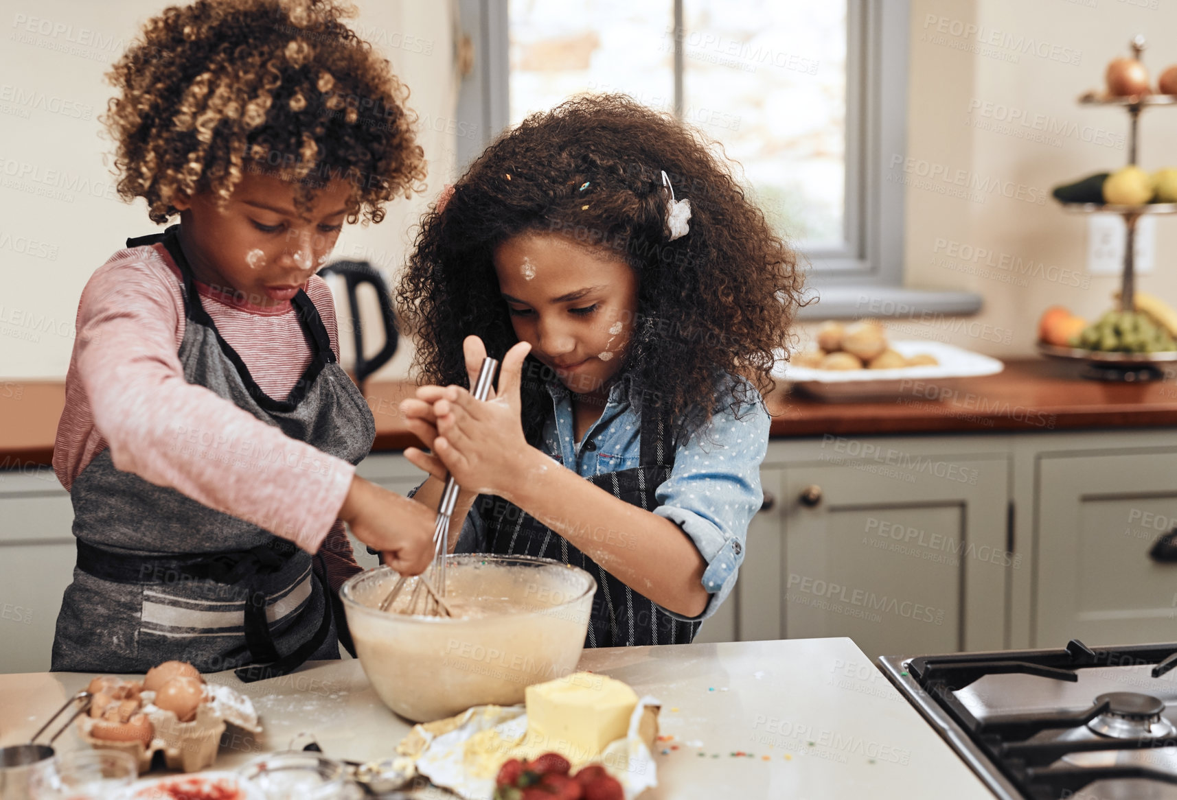 Buy stock photo Home, kids and learning with cooking, messy and nutrition as children or siblings for education. Young people, baking and teaching for development, growth and kitchen counter as family in bonding