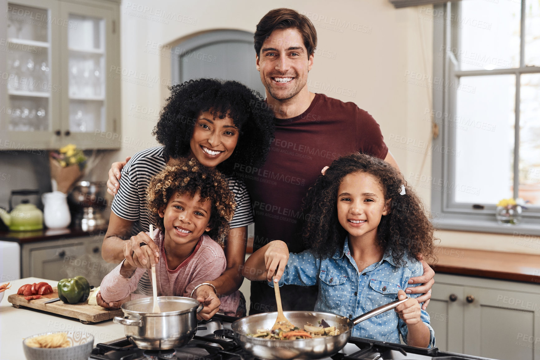 Buy stock photo Happy family, children and portrait with cooking, growth and nutrition as kids in home for education. Young people, parents and learning for development, skills or bonding together at kitchen counter