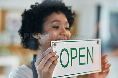 Buy stock photo Happy woman, open sign and window at cafe in small business of waitress for morning or ready to serve. Female person or restaurant server holding board for coffee shop, store or cafeteria opening
