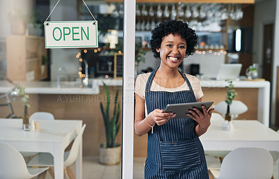 Buy stock photo Happy woman, tablet and portrait of waitress with open sign for communication, social media or online order at cafe. Female person or barista in small business with smile on technology at coffee shop