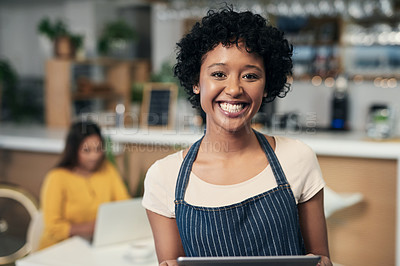 Buy stock photo Happy woman, tablet and portrait smile of waitress in small business management or leadership at cafe. Face of female person or barista smiling in confidence or service with technology at coffee shop
