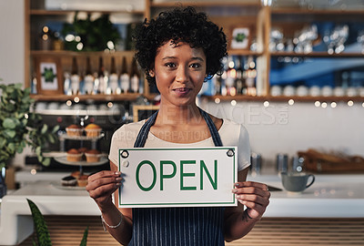 Buy stock photo Woman, open sign and portrait in cafe of small business owner or waitress for morning or ready to serve. Female person or restaurant server holding board for coffee shop, store or cafeteria opening