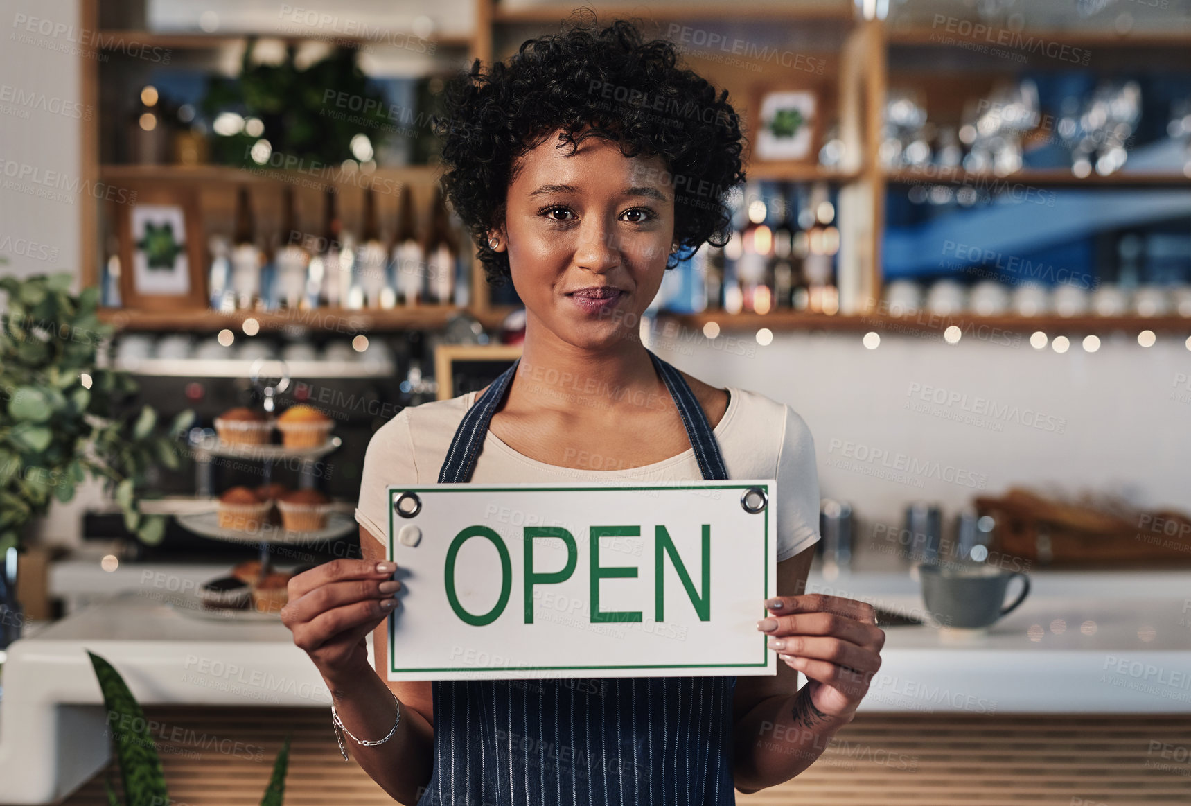 Buy stock photo Woman, open sign and portrait in cafe of small business owner or waitress for morning or ready to serve. Female person or restaurant server holding board for coffee shop, store or cafeteria opening