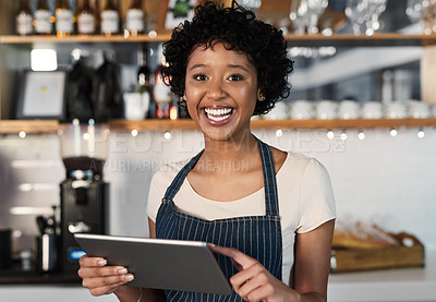 Buy stock photo Happy woman, tablet and portrait of barista at cafe with smile in management, inventory or stock at restaurant. Female person, waitress or employee on technology for small business at coffee shop