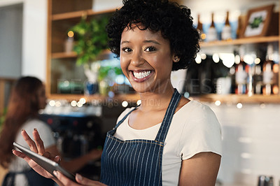 Buy stock photo Happy woman, tablet and portrait of waitress at cafe with smile in management, leadership or inventory at restaurant. Female person, barista or employee on technology in small business at coffee shop