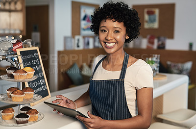 Buy stock photo Happy woman, tablet and portrait of barista at cafe for order, inventory or checking stock in management. Female person, waitress or employee on technology small business at coffee shop restaurant