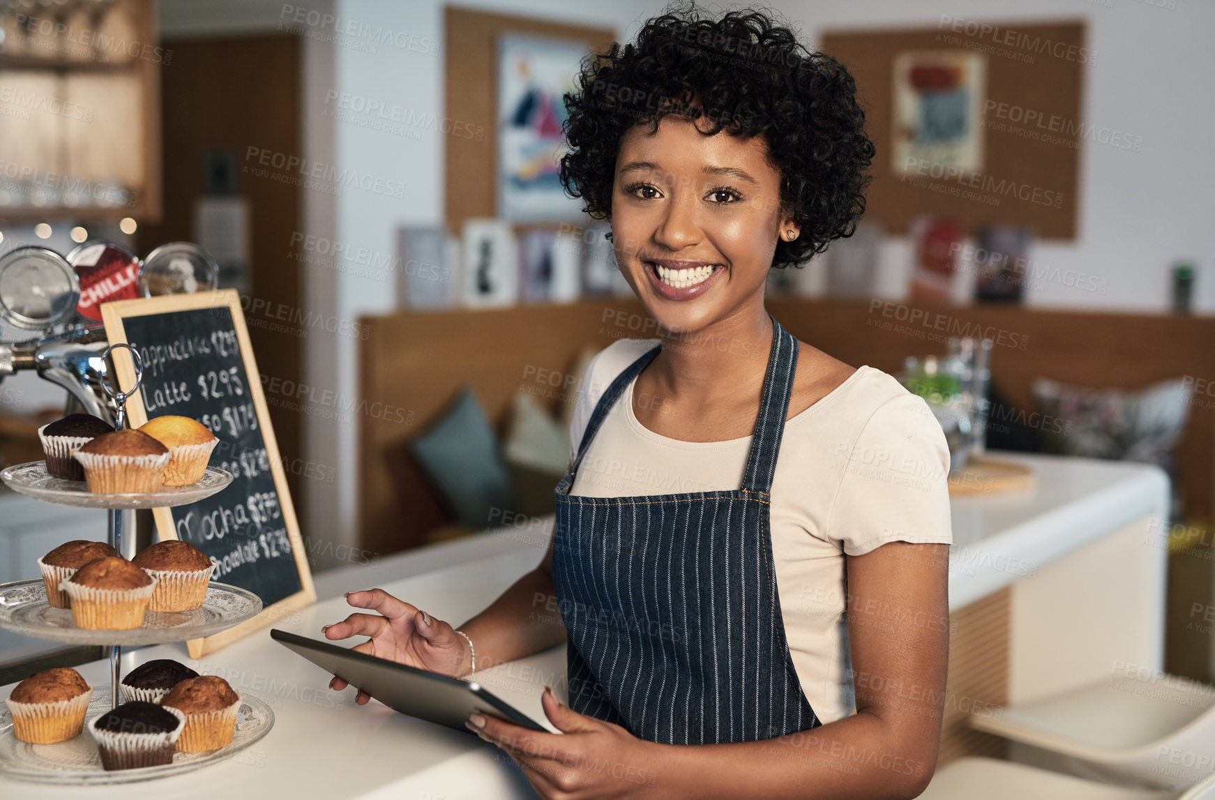 Buy stock photo Happy woman, tablet and portrait of barista at cafe for order, inventory or checking stock in management. Female person, waitress or employee on technology small business at coffee shop restaurant