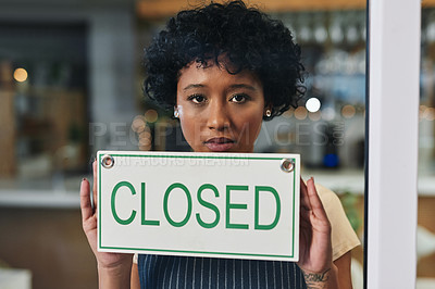 Buy stock photo Sad woman, portrait and closed sign on window at cafe in small business, bankruptcy or out of service. Female person or restaurant waitress holding billboard for fail or debt at coffee shop or store