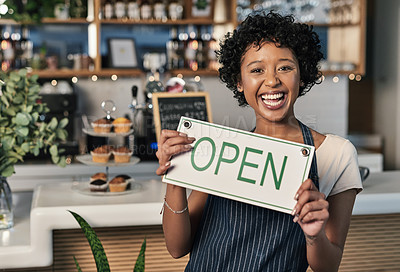 Buy stock photo Happy woman, open sign and portrait of waitress at cafe in small business, morning or ready to serve. Female person, restaurant owner or server holding board for coffee shop or cafeteria opening
