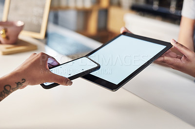 Buy stock photo Woman, hands and mockup screen for payment, ecommerce or tap in electronic purchase at cafe. Hand of female waitress and customer phone, tablet or technology display for fintech transaction in shop