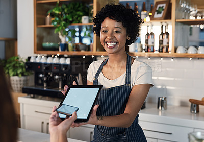 Buy stock photo Happy woman, tablet and mockup screen for payment, ecommerce or tap in electronic purchase at cafe. Female waitress and customer with technology display for fintech transaction or paying at checkout