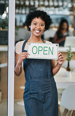 Buy stock photo Happy woman, open sign and portrait of small business owner or waitress at cafe for morning or ready to serve. African female person at restaurant holding board for coffee shop or cafeteria opening