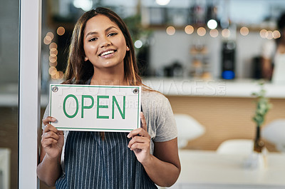 Buy stock photo Happy woman, open sign and portrait of cafe owner, small business or waitress for morning or ready to serve. Female person or restaurant server holding board for coffee shop or cafeteria opening