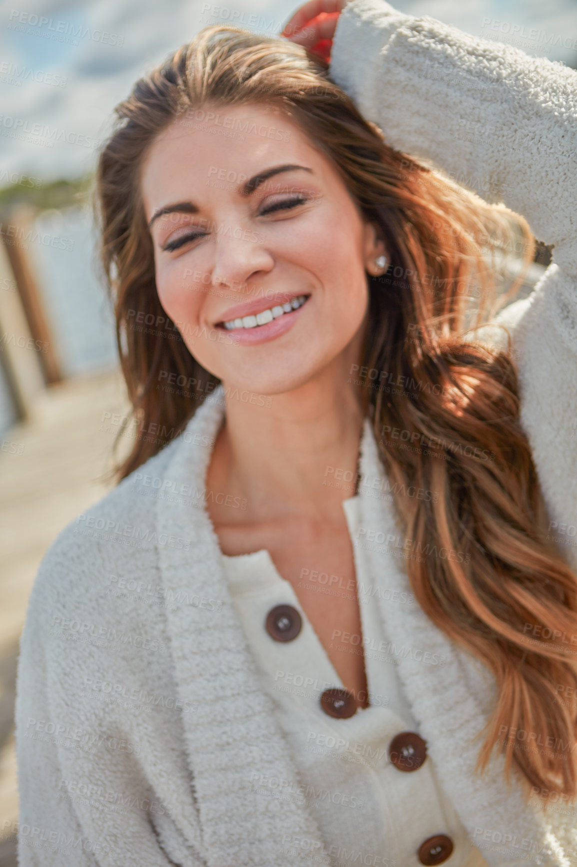 Buy stock photo Holiday, relax and smile of woman outdoor on pier at lake for me time break, travel or vacation. Calm, peaceful and quiet with happy person on jetty of pond in nature for morning or weekend getaway