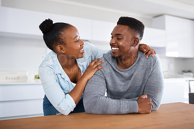 Buy stock photo Black couple, love and bonding with smile, kitchen and home with care and happiness in marriage. African man, woman and commitment together with romance in house, apartment and weekend relaxing