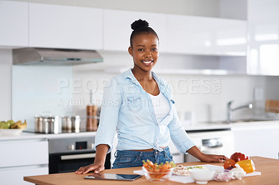 Buy stock photo Black woman, salad and cooking in kitchen portrait, recipe and vegetables for nutrition dinner. Female person, ingredients and food in home, vegan cuisine and meal prep or care for instructions