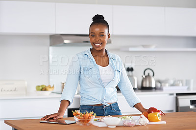 Buy stock photo Black woman, meal and cooking in kitchen portrait, recipe and vegetables for dinner nutrition. Female person, ingredients and food in home, vegan diet and salad preparation or care for instructions