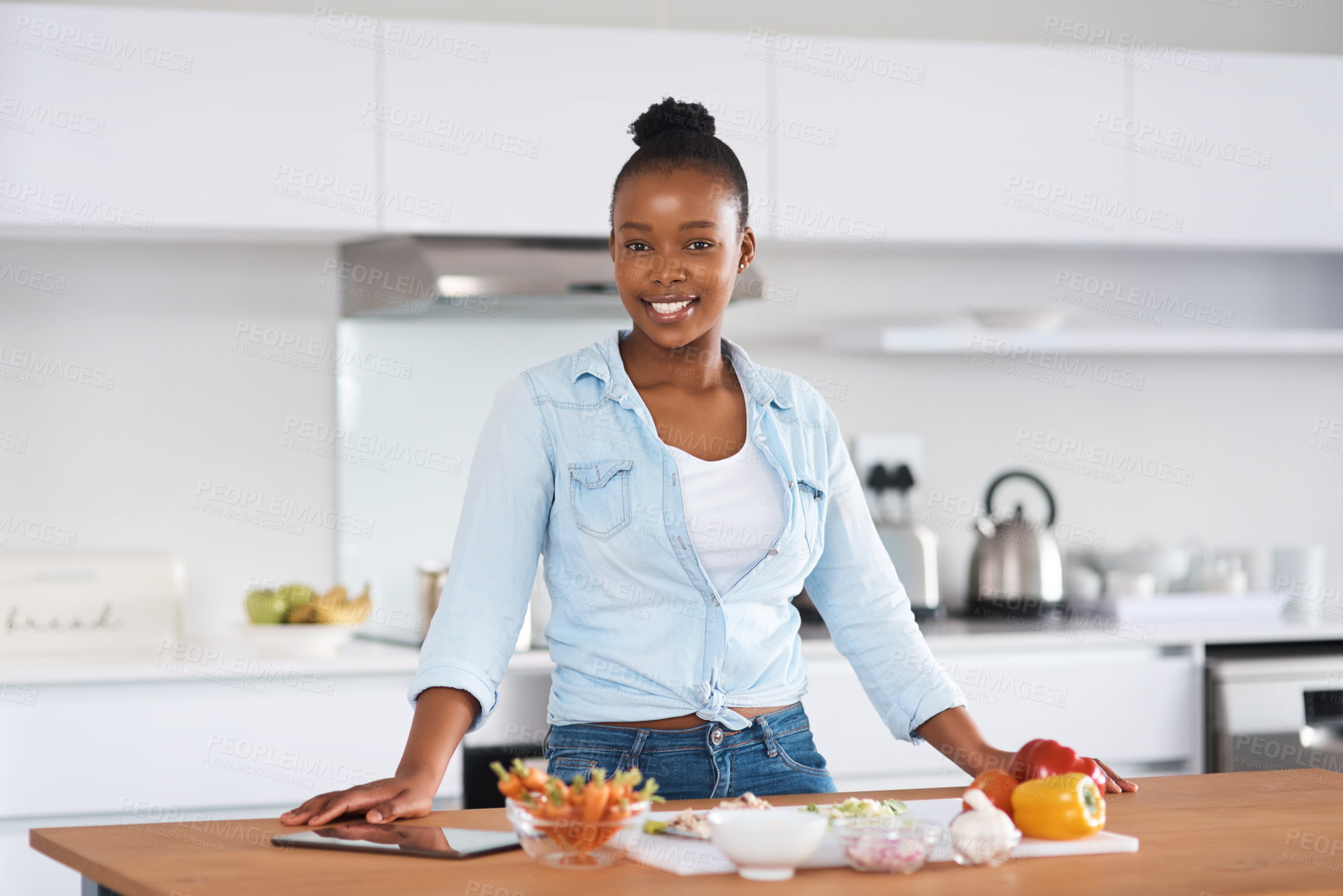 Buy stock photo Black woman, meal and cooking in kitchen portrait, recipe and vegetables for dinner nutrition. Female person, ingredients and food in home, vegan diet and salad preparation or care for instructions