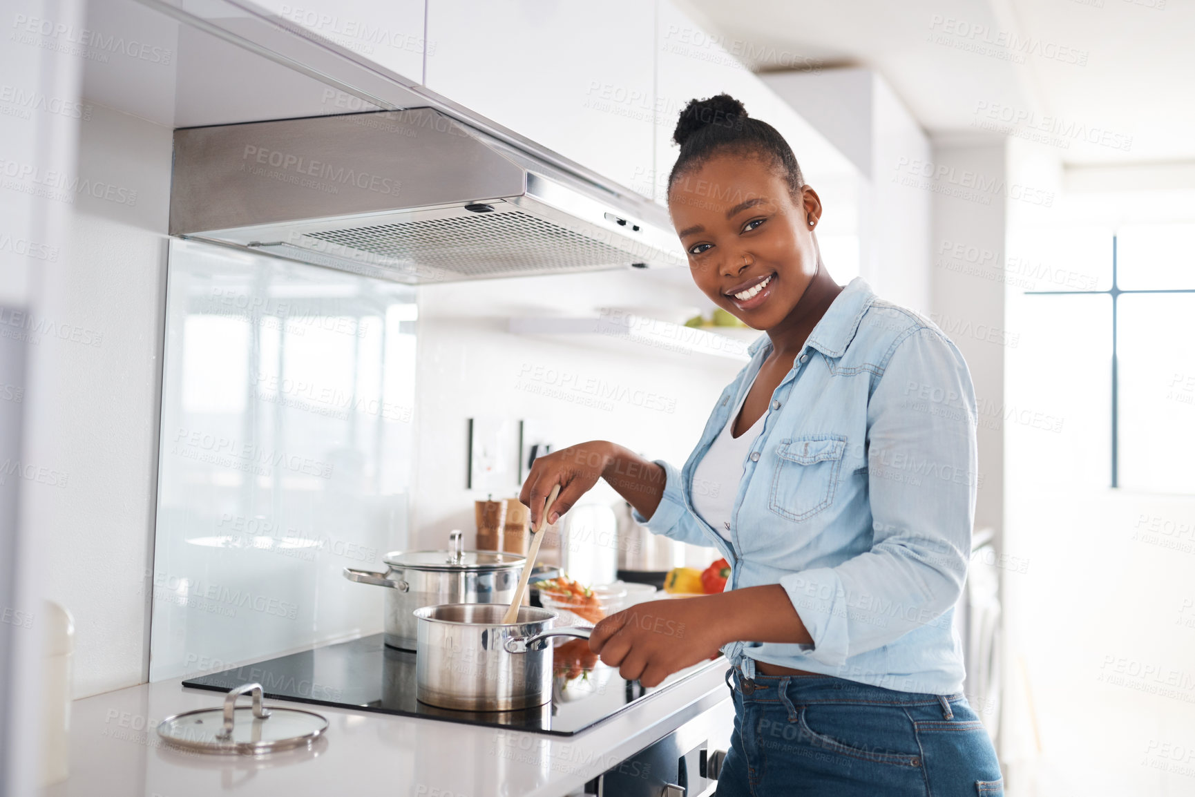 Buy stock photo Black woman, cooking portrait and stove in kitchen, food preparation and stir pot in home. Female person, healthy meal and ingredients for dinner nutrition, culinary mix and diet for detox wellness