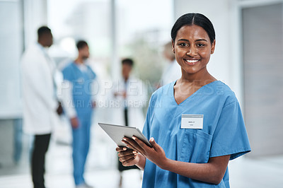 Buy stock photo Medical, doctor face and woman with tablet in a clinic reading healthcare and wellness data at hospital. Employee, nurse and Indian person with digital and online results on technology with research