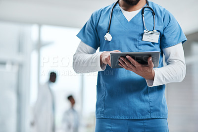 Buy stock photo Hospital, doctor hands and tablet with a man in a clinic reading healthcare and wellness data. Employee, nurse and Male person with digital and health results on technology with research analysis