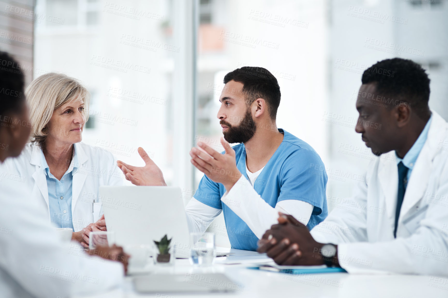 Buy stock photo Doctor, people and meeting with discussion in office for healthcare diagnosis, surgery plan or medical workshop. Medicine, professional and teamwork with feedback for health assessment or treatment