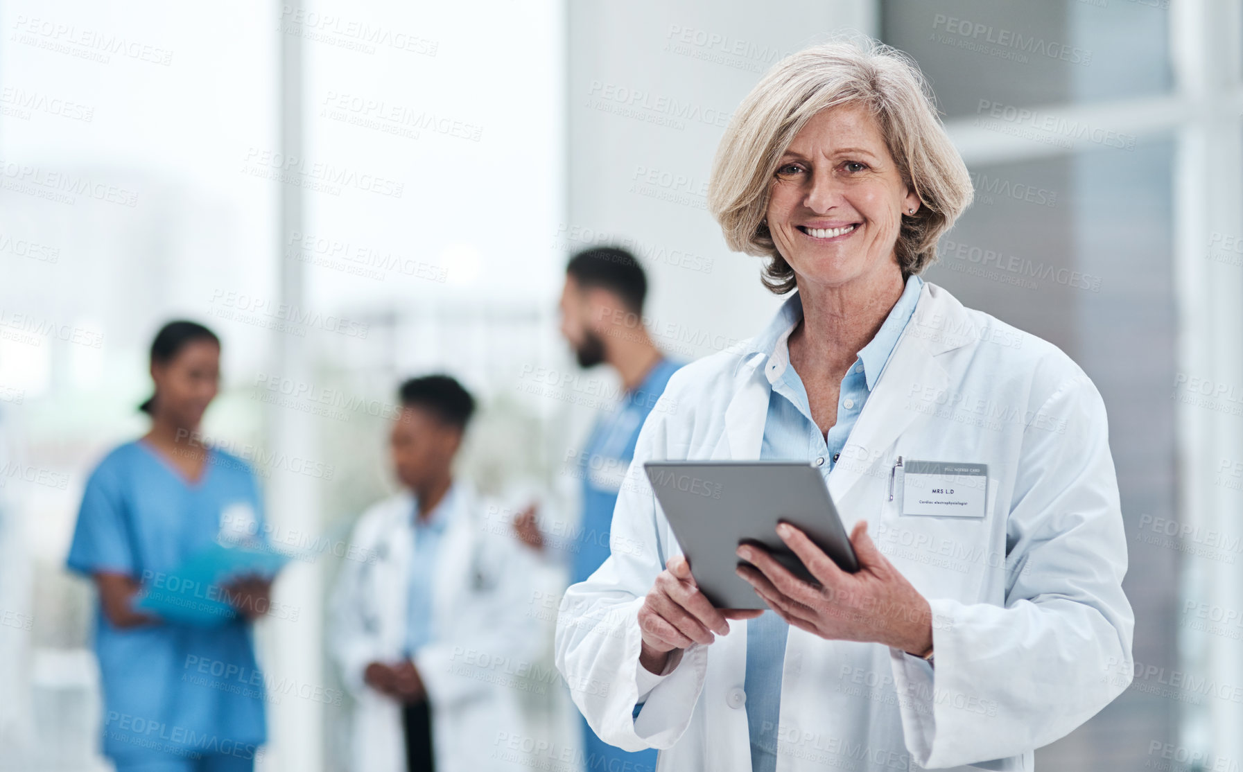 Buy stock photo Healthcare, technology and portrait of woman with tablet for online patient report, results review and diagnosis. Medical doctor, research and communication in hospital, clinic or health facility