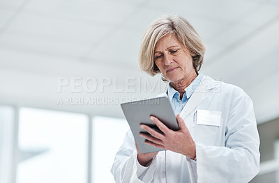 Buy stock photo Shot of a mature doctor using a digital tablet in a hospital