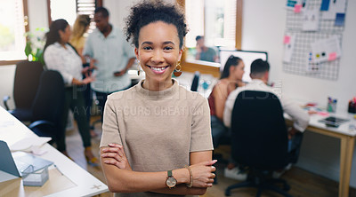 Buy stock photo Woman, smile and portrait of designer with arms crossed in office workplace for business. Face, confidence and graphic design, female person and creative entrepreneur, professional or success mindset