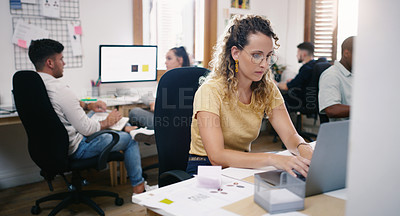 Buy stock photo Designer, thinking and working with office, laptop and technology for small business startup. Woman, planning or brainstorming with creative, workplace or coworking for online design agency with tech