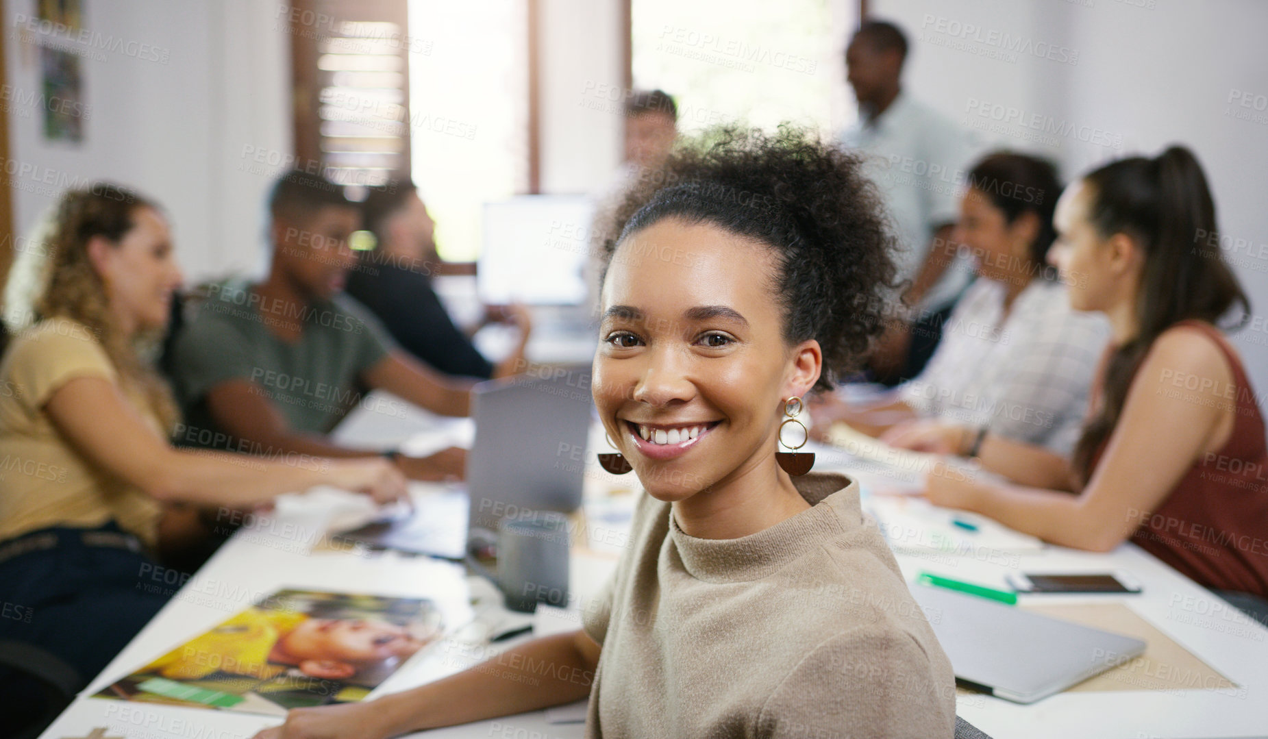 Buy stock photo Collaboration, portrait of fashion agency and colleagues in business meeting. Diversity or teamwork, communication or brainstorming and people planning or discussing at a table at their workplace