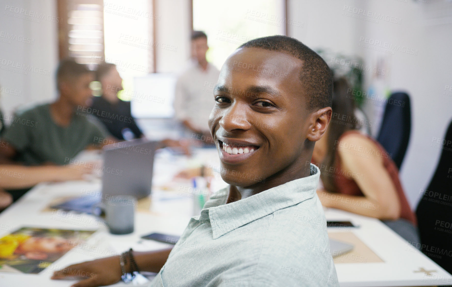 Buy stock photo Man, portrait and diversity with office, teamwork and collaboration for small business startup. Team, planning and brainstorming with discussion, conversation or coworking for online design agency